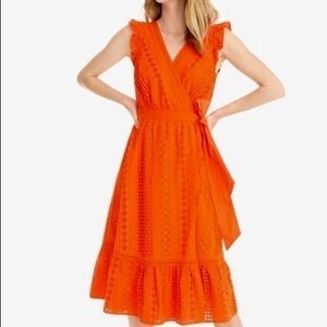 J. Crew Resort Orange Allover Eyelet Wrap Midi Dress Size 4